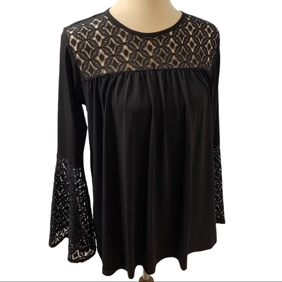 Michael Michael Kors Black Lace Trim Bell Sleeve Pullover Top Women’s Medium - Picture 8 of 13